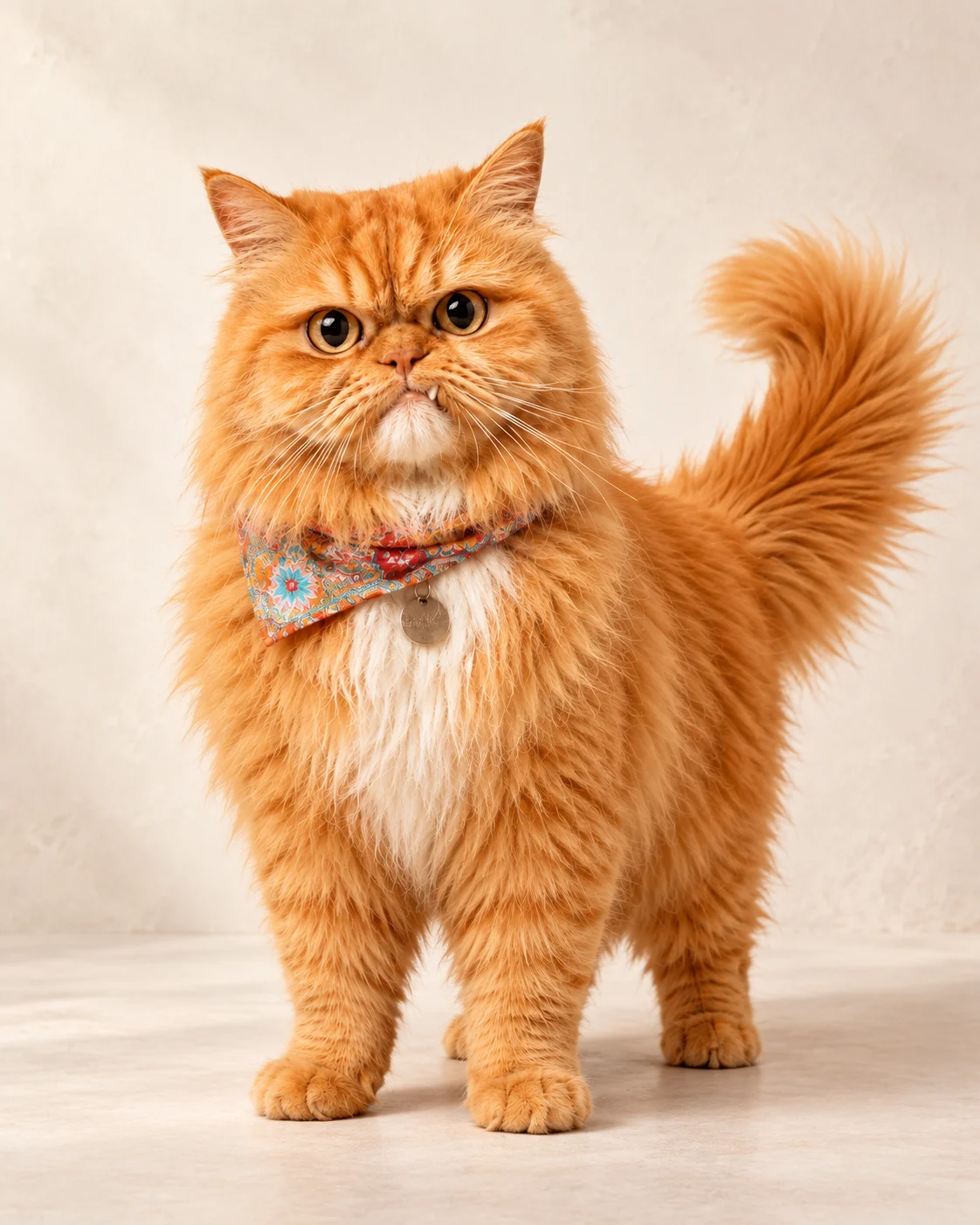 Pawcasso's orange longhair resident critic wearing a patterned neckerchief