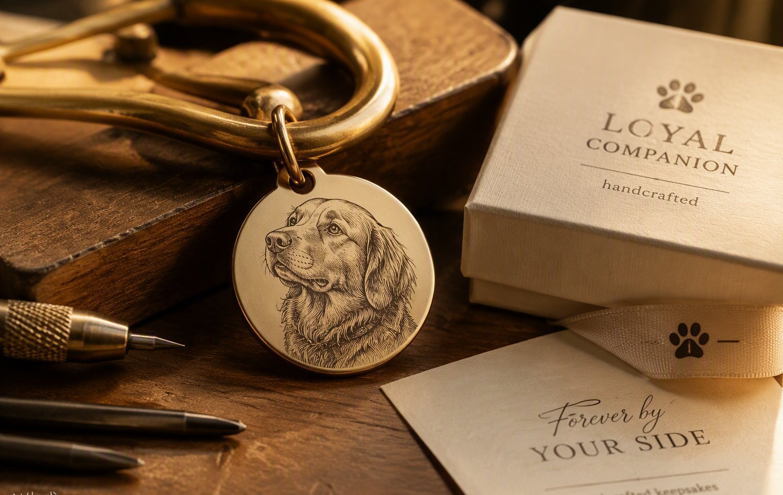 Hand-engraved brass pet portrait pendant on the workbench