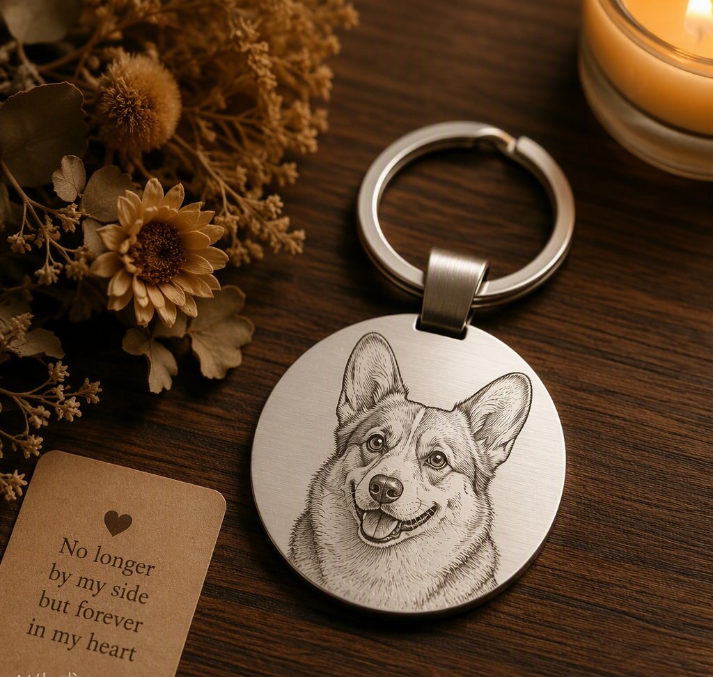 Sketch-engraved corgi portrait keychain beside a candle