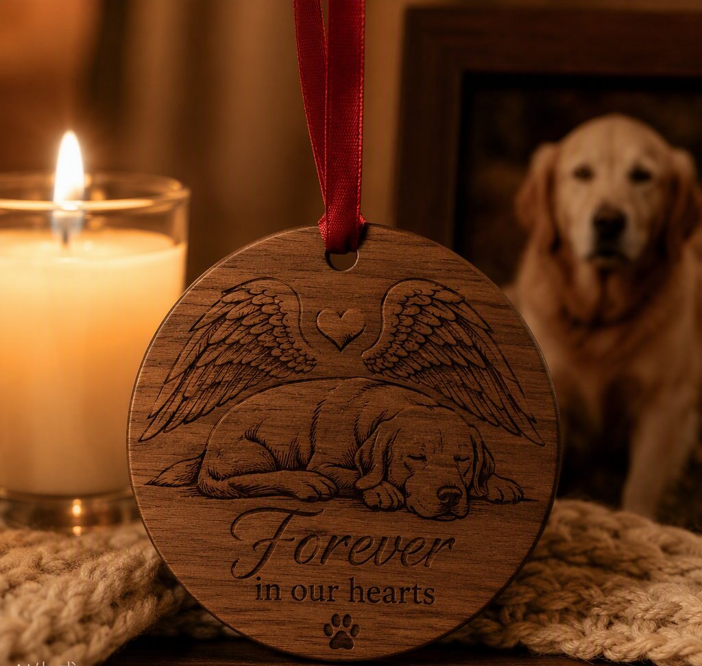 Walnut memorial ornament engraved with a sleeping dog