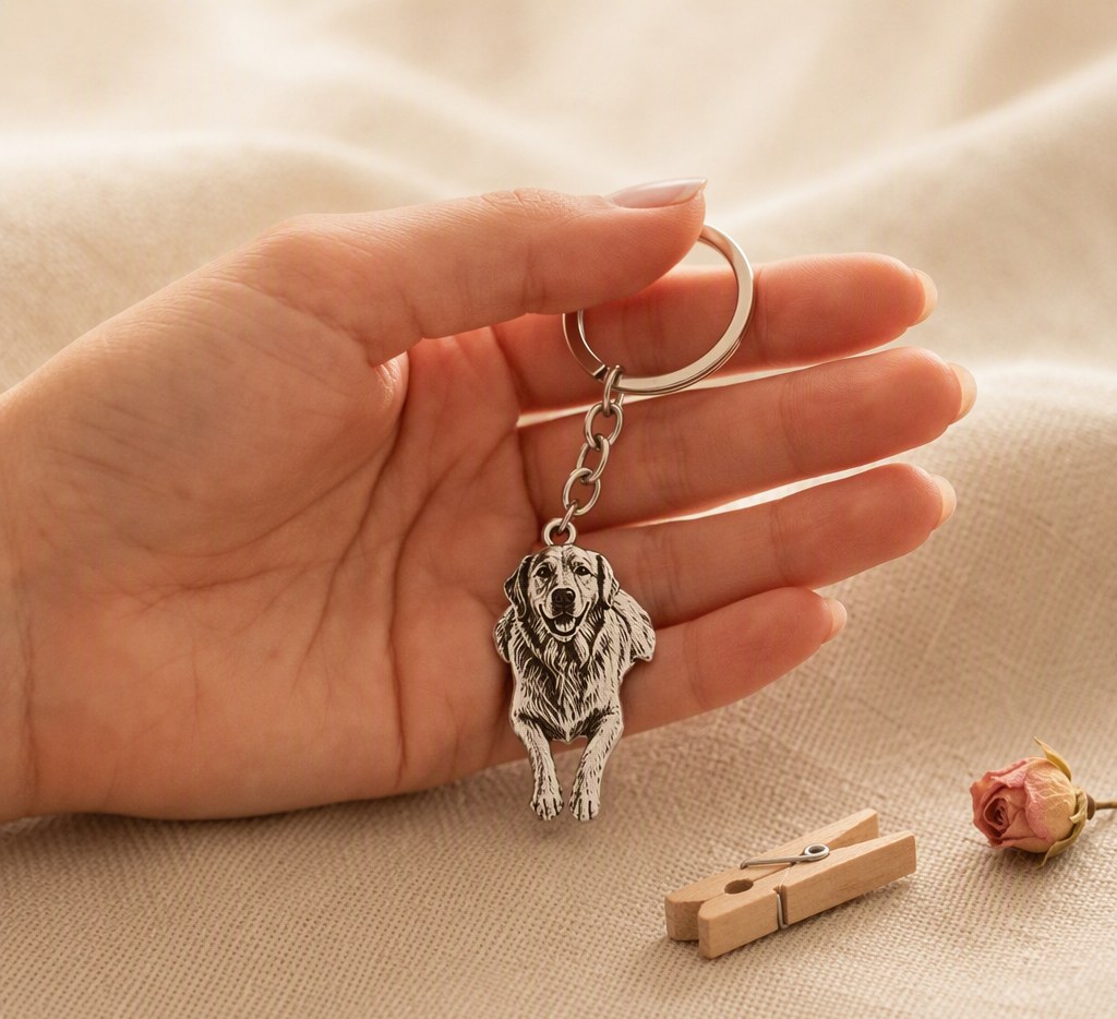 Sketch-engraved corgi portrait keychain beside a candle